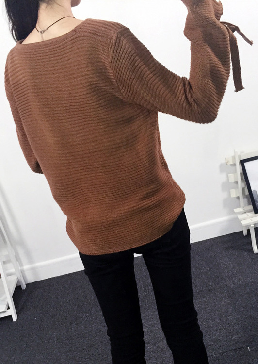 Solid Tie Sleeve Knitted Sweater - Bellelily