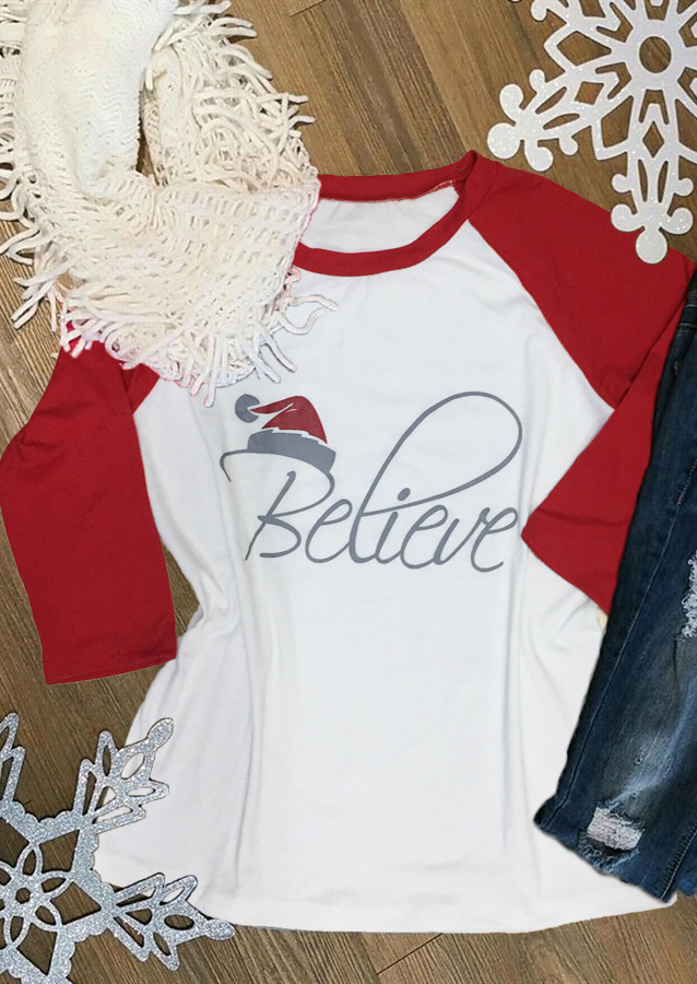 Hat Believe Printed Splicing T-Shirt