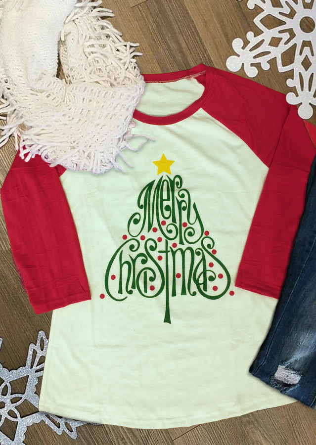 Christmas Letter Printed Splicing O-Neck T-Shirt