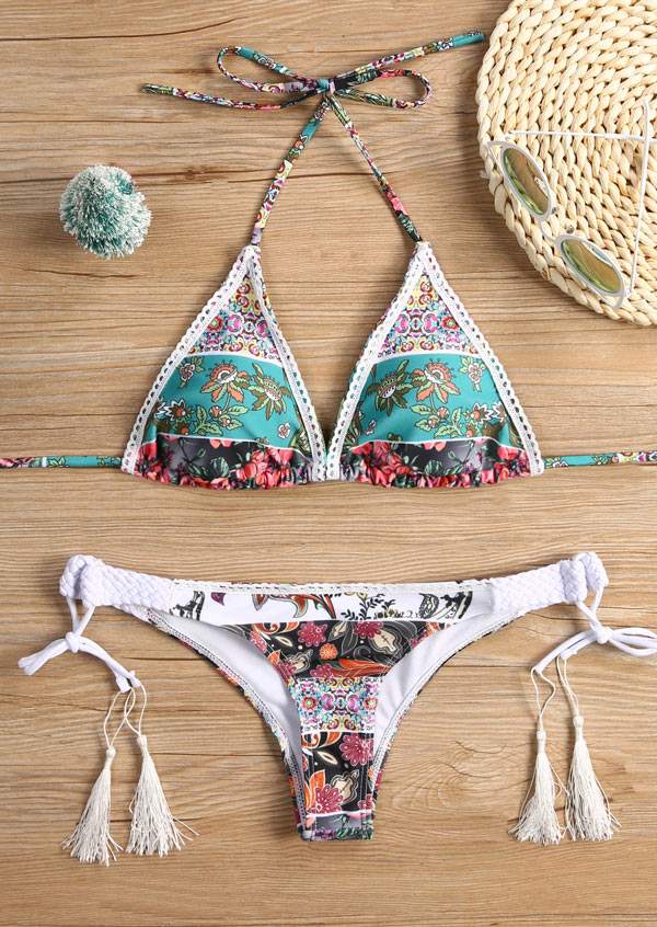 Printed Lace Splicing Bikini Set without Necklace