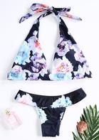 Floral Halter Open Back Tie Bikini Set Bellelily