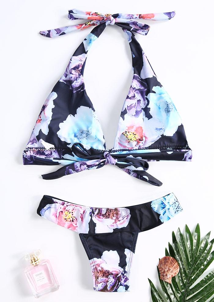 Floral Halter Open Back Tie Bikini Set Bellelily