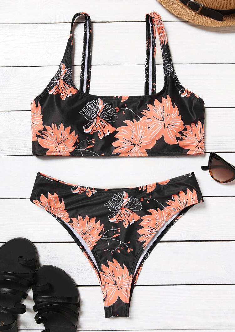 Floral Mid Waist Bikini Set Black Bellelily