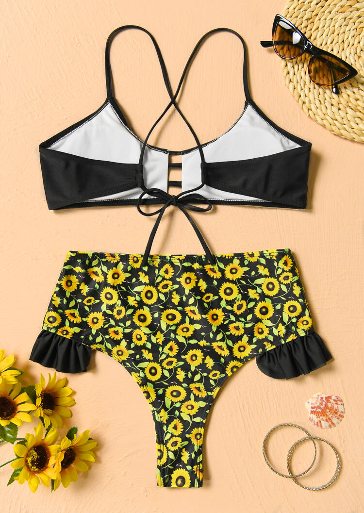 Sunflower Hollow Out Ruffled Tie Bikini Set Black Bellelily