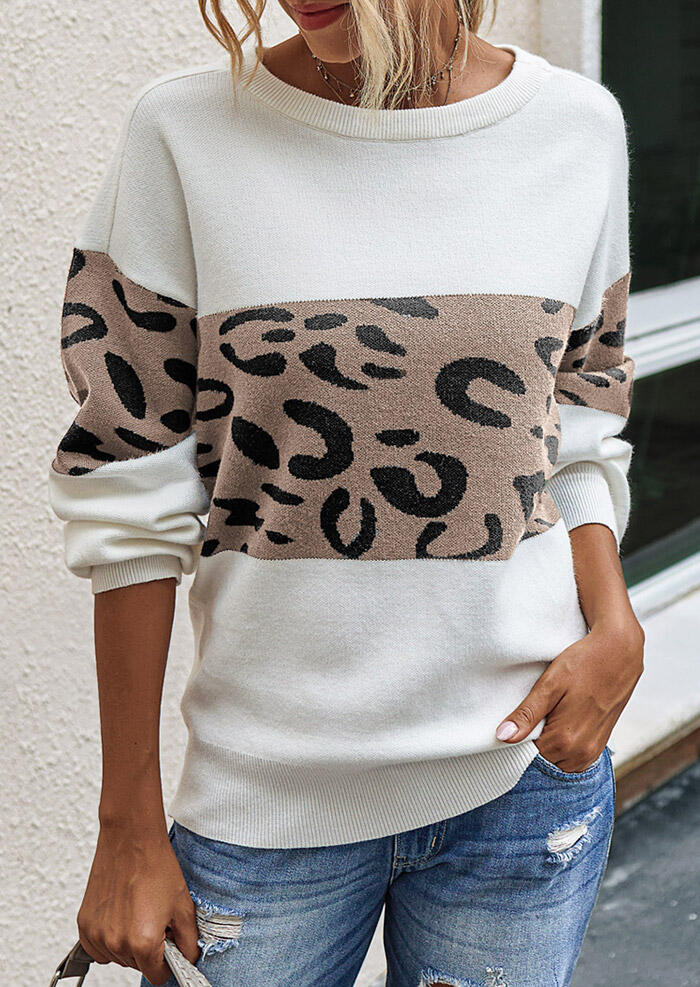 Leopard Splicing Knitted Pullover Sweater White Bellelily