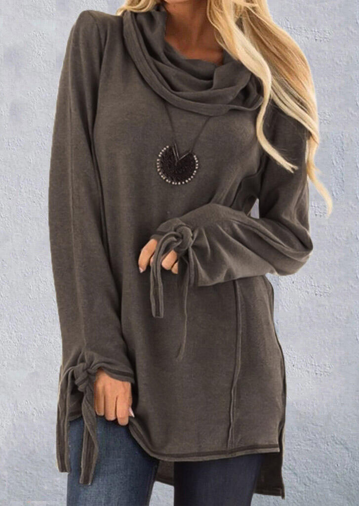 Asymmetric Drawstring Tie Long Sleeve Slit Cowl Neck Blouse - Coffee, 488449 
Asymmetric Drawstring Tie Long Sleeve Slit Cowl Neck Blouse - Coffee, 488449