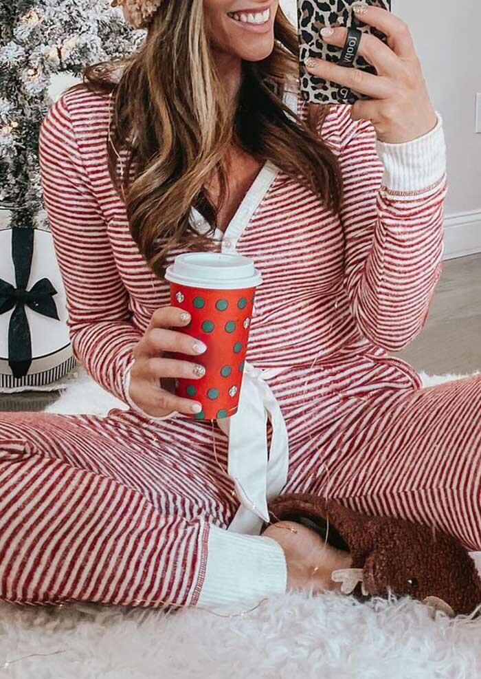 Striped Button Blouse And Drawstring Pocket Pants Pajamas Set, Stripe, 491114
Striped Button Blouse And Drawstring Pocket Pants Pajamas Set, Stripe, 491114