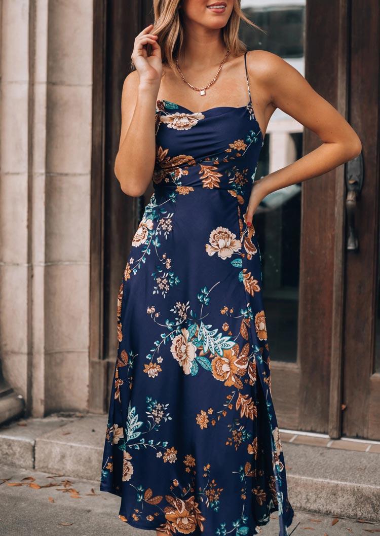 Floral Adjustable Strap Slit Midi Dress - Navy Blue, 497907 
Floral Adjustable Strap Slit Midi Dress - Navy Blue, 497907