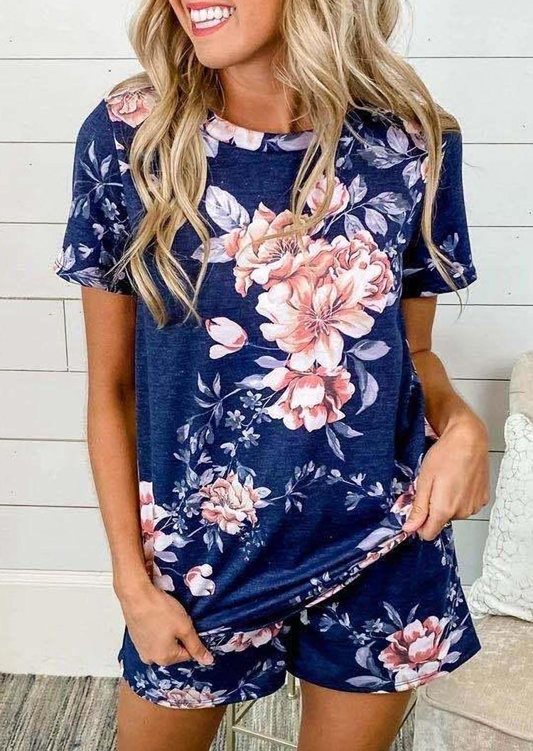 Floral Blouse And Elastic Waist Drawstring Shorts Two-Piece Set - Navy Blue, 500169
Floral Blouse And Elastic Waist Drawstring Shorts Two-Piece Set - Navy Blue, 500169