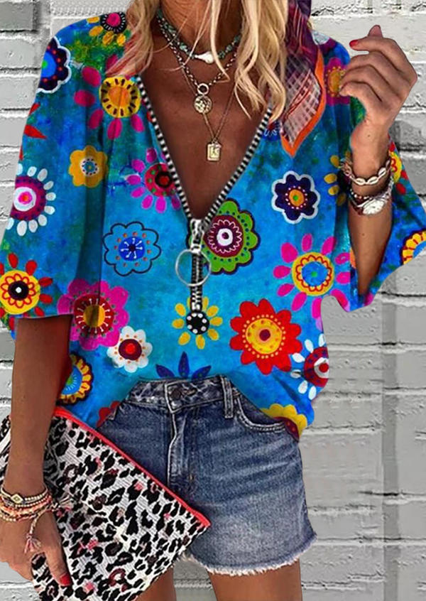 Floral Zipper Collar Elastic Cuff Blouse - Blue, 502534