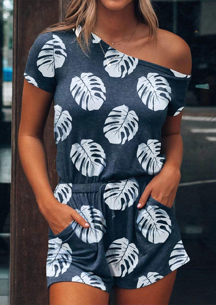 Palm Leaf Pocket Drawstring O-Neck Romper - Dark Grey, 502662 
Palm Leaf Pocket Drawstring O-Neck Romper - Dark Grey, 502662