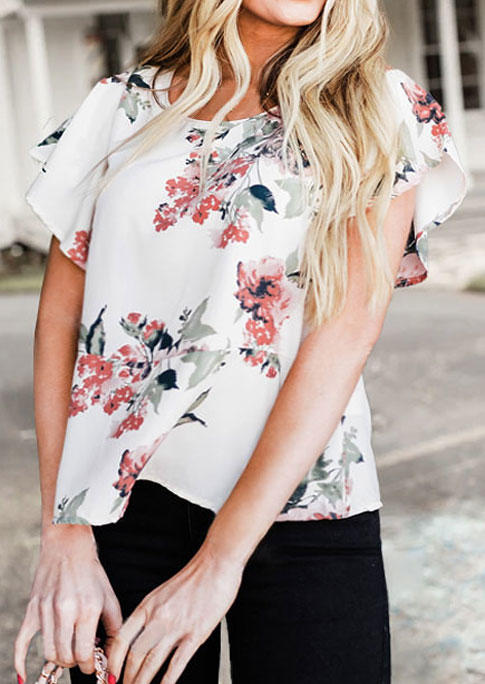 Floral O-Neck Petal Sleeve Blouse - White, 504005