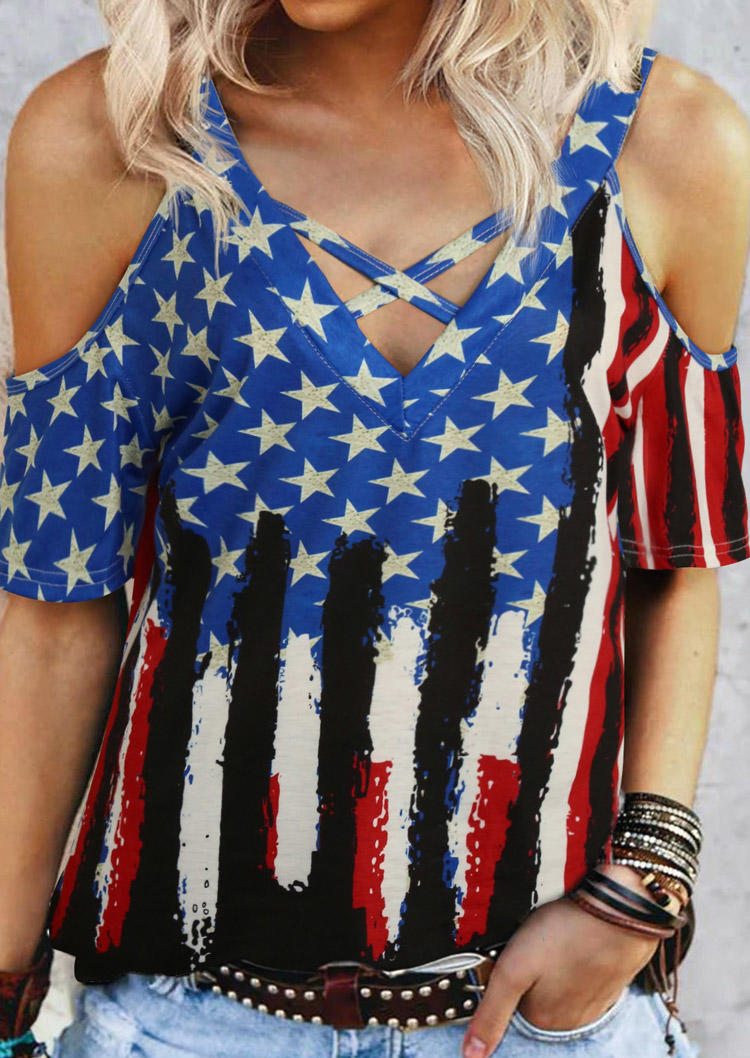 American Flag Star Striped Criss-Cross Cold Shoulder Blouse, Multicolor, 504057
American Flag Star Striped Criss-Cross Cold Shoulder Blouse, Multicolor, 504057