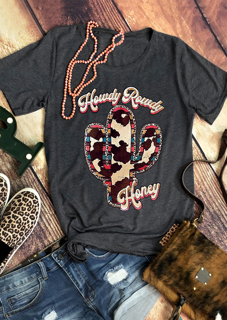 Howdy Rowdy Honey Cow Cactus T-Shirt Tee - Dark Grey, 504221