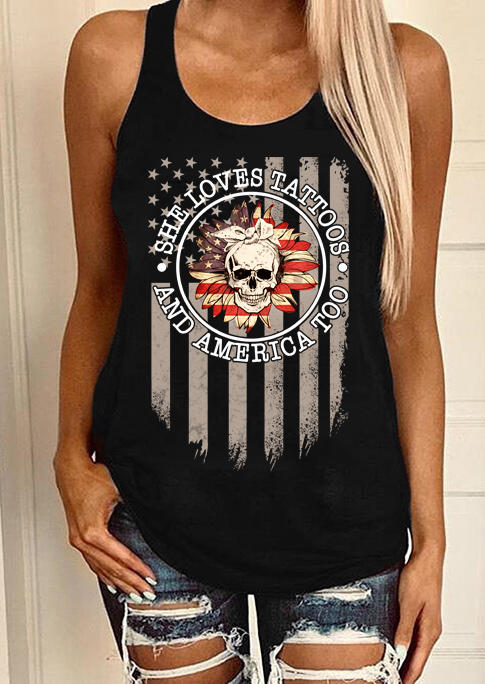 She Loves Tattoos American Flag Skull Tank - Black, 505270