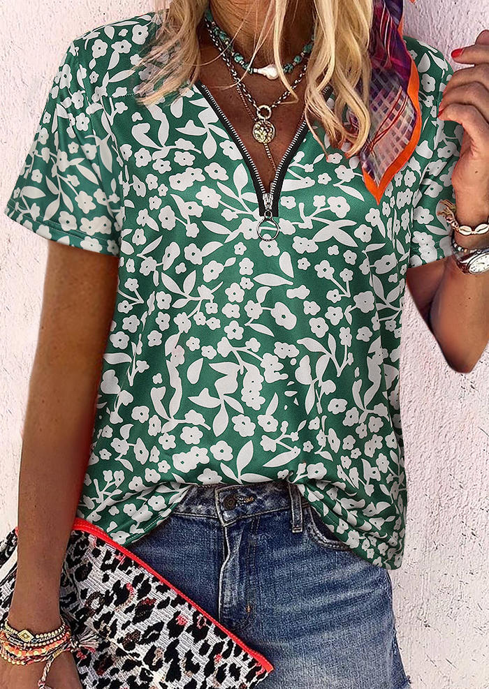 Floral Zipper Collar Short Sleeve Blouse - Green, 508129
Floral Zipper Collar Short Sleeve Blouse - Green, 508129