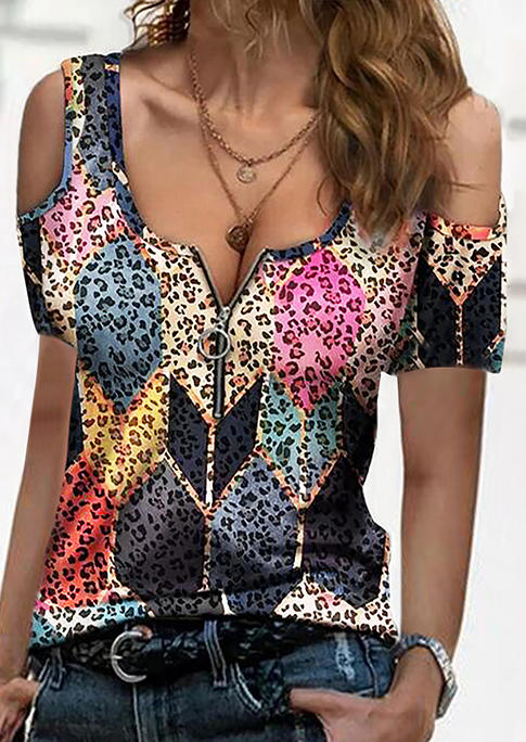 Colorful Geometric Leopard Zipper Collar Cold Shoulder Blouse, Multicolor, 508567
Colorful Geometric Leopard Zipper Collar Cold Shoulder Blouse, Multicolor, 508567
