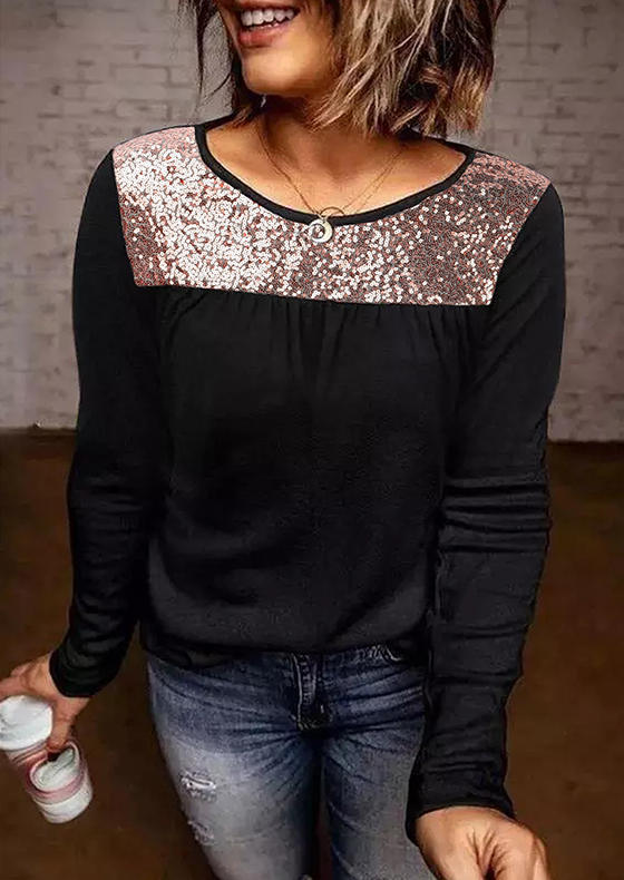 Sequined Splicing Long Sleeve Blouse - Black, 519564