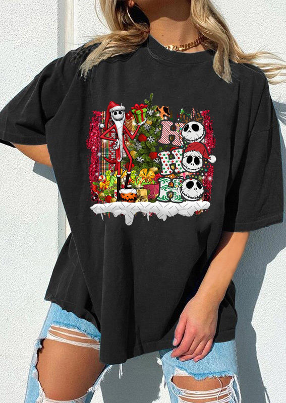 Christmas Tree Ho Ho Ho Santa T-Shirt Tee - Black, 520184