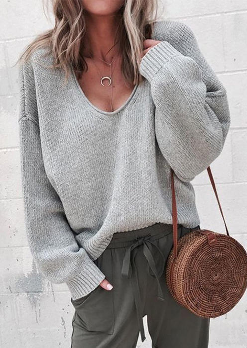 Long Sleeve Drop Shoulder Pullover Sweater - Gray, 521240