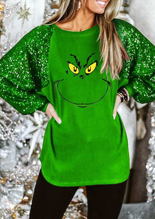 Cartoon Sequined Raglan Long Sleeve Blouse - Green, 522974