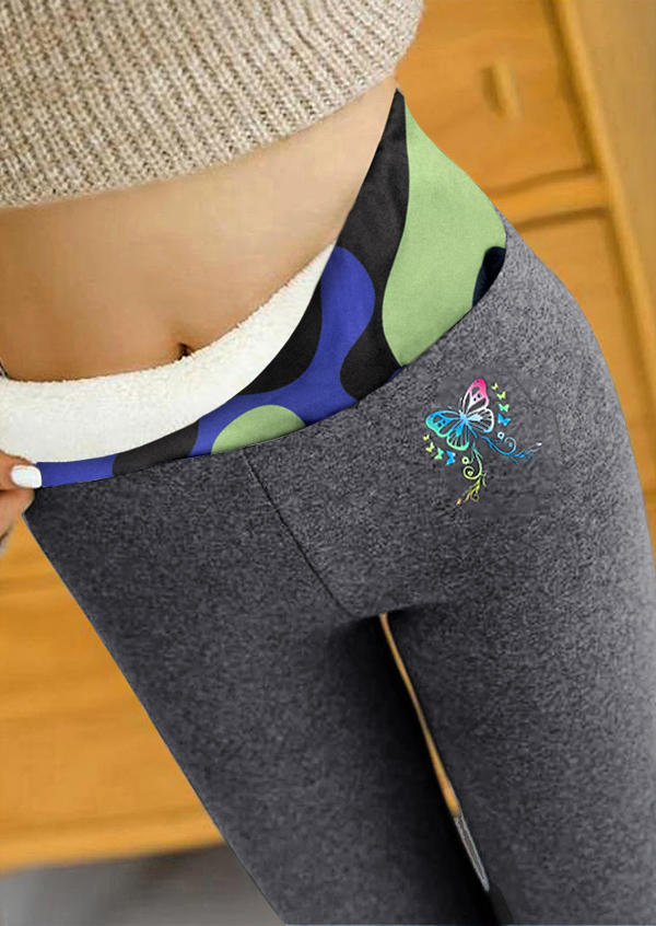 Camouflage Butterfly Fleece Skinny Leggings - Gray, 522728