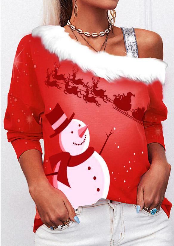 Christmas Snowman Reindeer Plush Blouse - Red, 523061