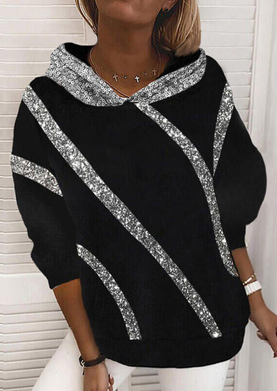 Sequined Splicing Long Sleeve Hoodie - Black, 523173