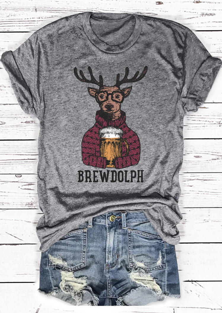 Christmas Reindeer Brewdolph T-Shirt Tee - Gray, 523852