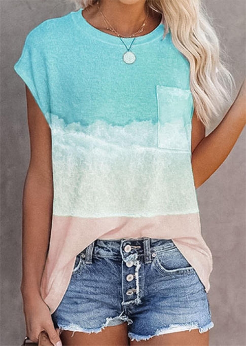 Sea Beach Pocket O-Neck Blouse, Multicolor, 526647