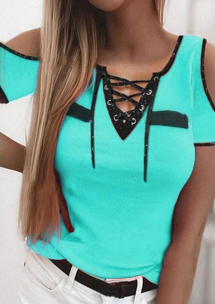 Lace Up Criss-Cross Blouse - Cyan, SCM000946
