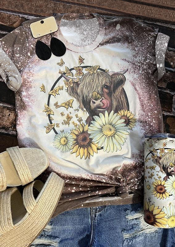 Highland Cattle Sunflower Butterfly Bleached T-Shirt Tee, Multicolor, SCM001503
Highland Cattle Sunflower Butterfly Bleached T-Shirt Tee, Multicolor, SCM001503