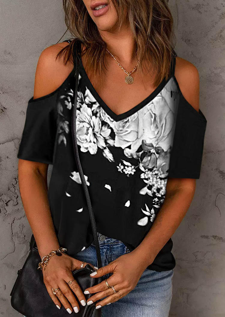 Floral Cold Shoulder Blouse - Black, SCM003433