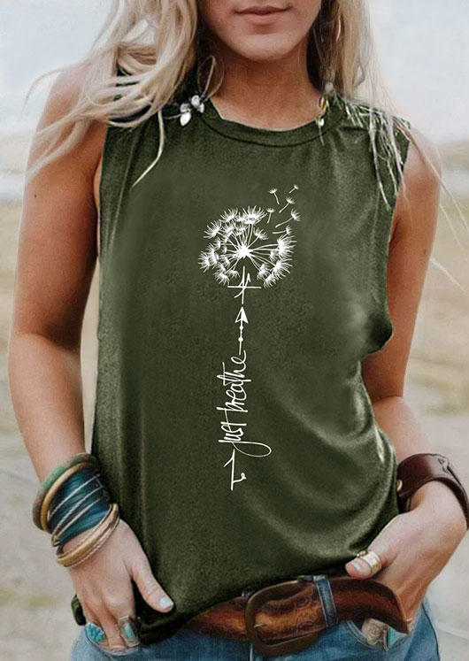 Dandelion Just Breathe O-Neck Tank - Army Green, 533039