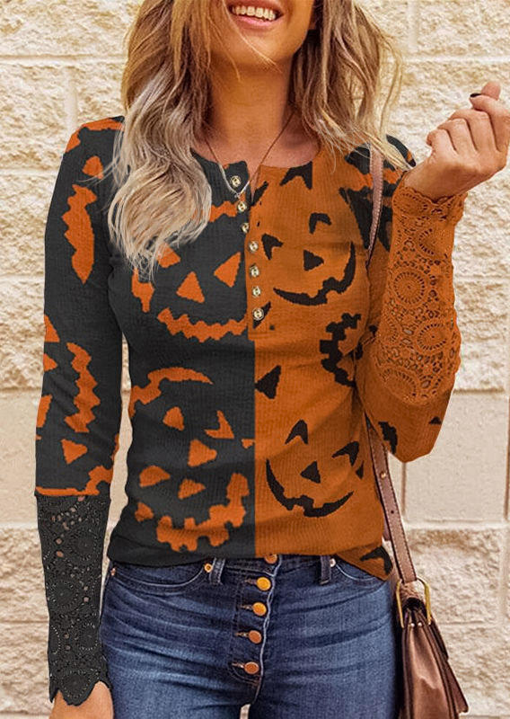 Halloween Pumpkin Face Color Block Lace Splicing Button Blouse, Multicolor, SCM005561
Halloween Pumpkin Face Color Block Lace Splicing Button Blouse, Multicolor, SCM005561