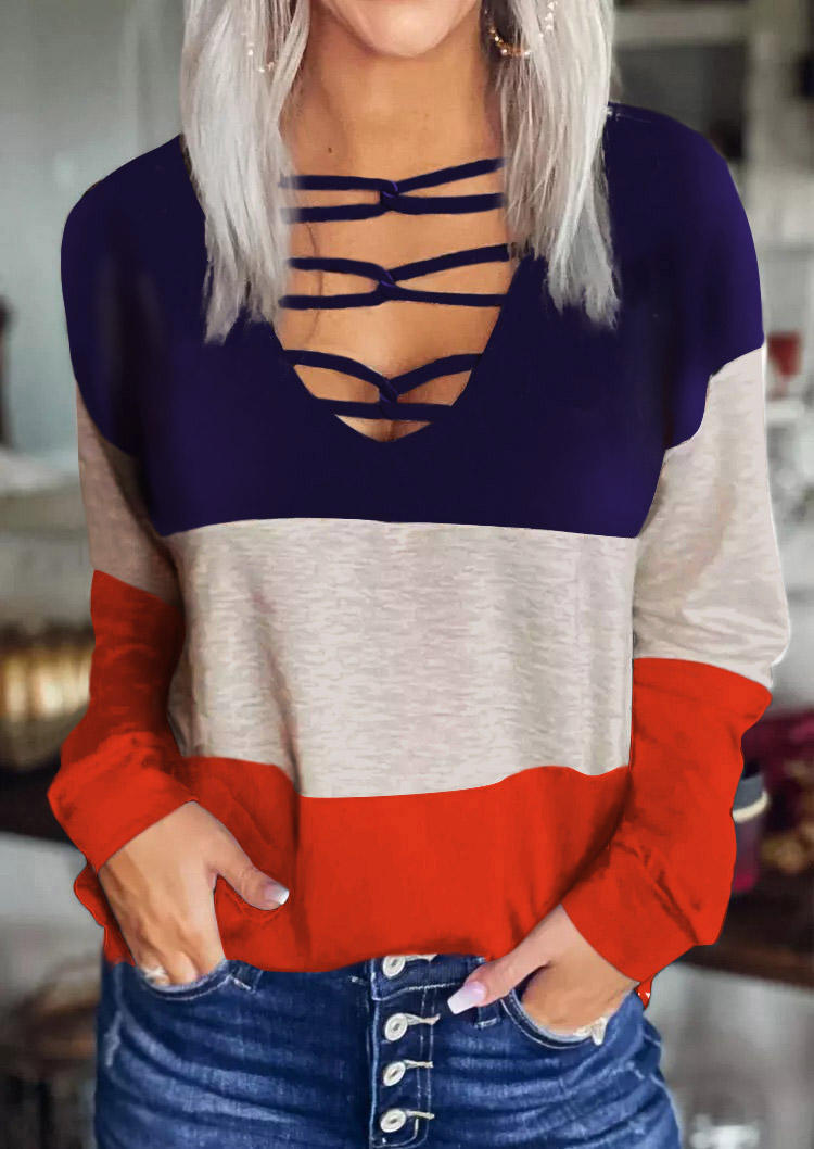 Color Block Criss-Cross Hollow Out Long Sleeve Blouse, Multicolor, SCM006000
Color Block Criss-Cross Hollow Out Long Sleeve Blouse, Multicolor, SCM006000