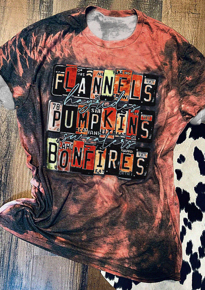 Flannels Hayrides Pumpkins Sweaters Bonfires O-Neck Tie Dye T-Shirt Tee, Multicolor, SCM006007
Flannels Hayrides Pumpkins Sweaters Bonfires O-Neck Tie Dye T-Shirt Tee, Multicolor, SCM006007