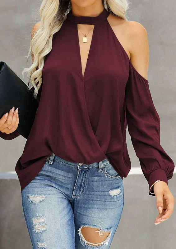 Hollow Out Button Cold Shoulder O-Neck Blouse - Burgundy, Red, SCM008189
Hollow Out Button Cold Shoulder O-Neck Blouse - Burgundy, Red, SCM008189