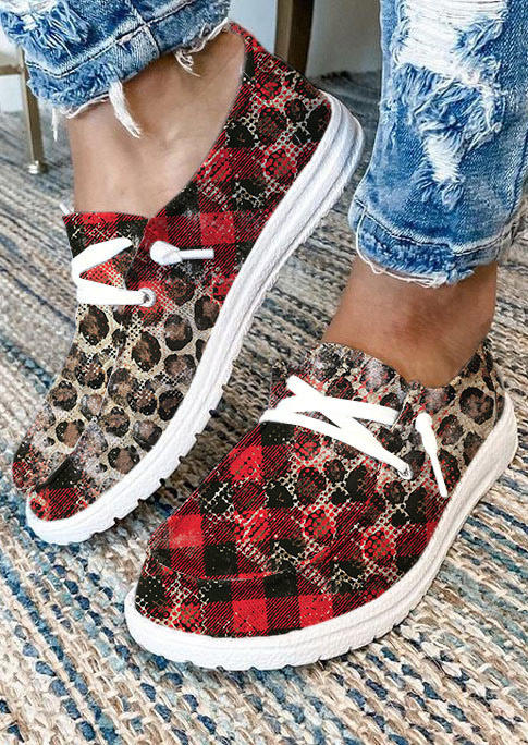 Plaid Leopard Flat Sneakers - Red, SCM008279 
Plaid Leopard Flat Sneakers - Red, SCM008279