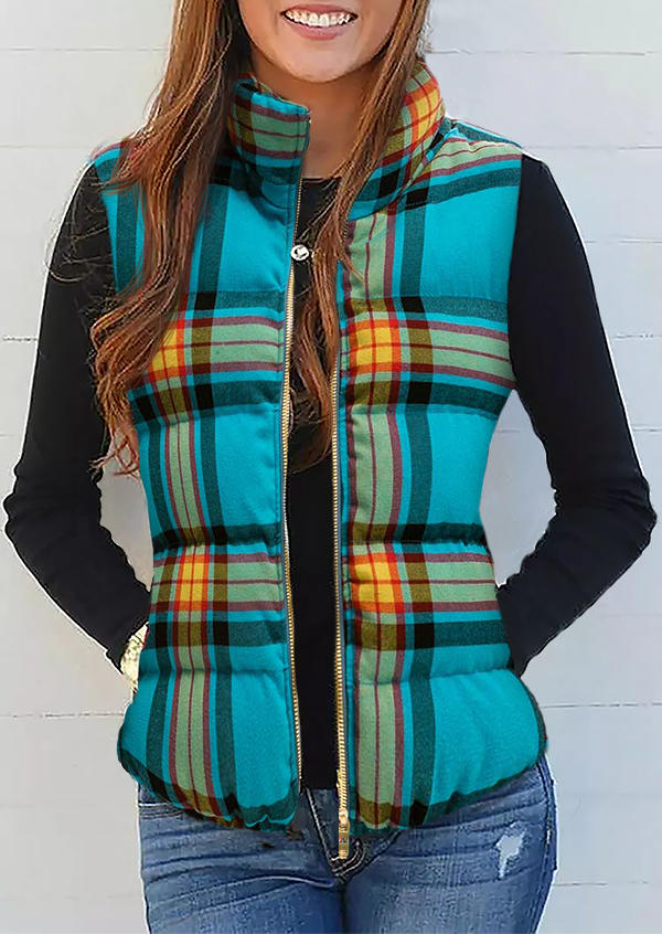 Plaid Pocket Zipper Vest Coat, Multicolor, SCM010520