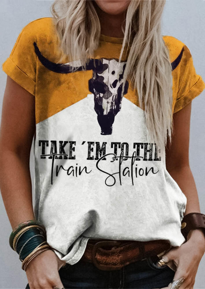 Take 'Em To The Train Station Steer Skull Color Block T-Shirt Tee - Yellow, SCM011341
Take 'Em To The Train Station Steer Skull Color Block T-Shirt Tee - Yellow, SCM011341