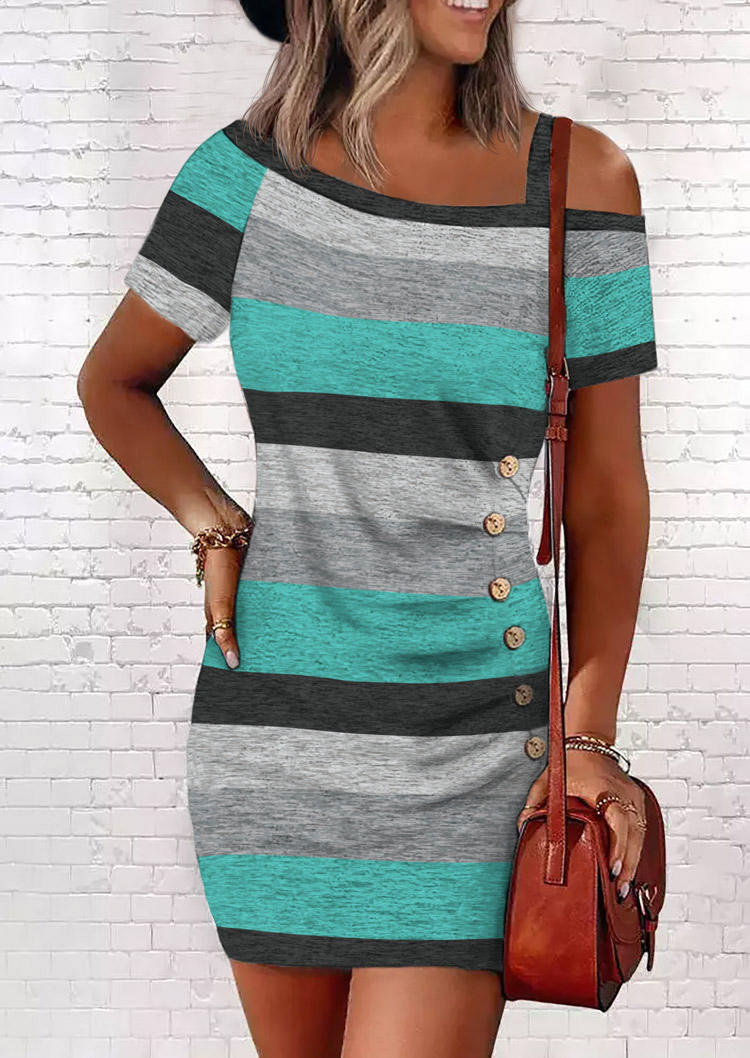 Color Block Striped Button Ruched One Sided Cold Shoulder Mini Dress, Multicolor, SCM017287
Color Block Striped Button Ruched One Sided Cold Shoulder Mini Dress, Multicolor, SCM017287