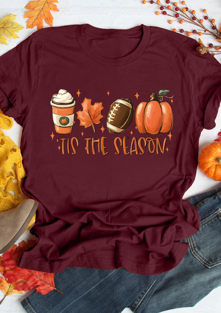 Tis The Season Pumpkin Soccer Maple Leaf Coffee T-Shirt Tee - Burgundy, Red, SCM021042
Tis The Season Pumpkin Soccer Maple Leaf Coffee T-Shirt Tee - Burgundy, Red, SCM021042