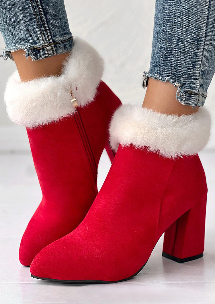 

Plush Zipper Pointed Toe Heeled Boots - Red, SCM022098