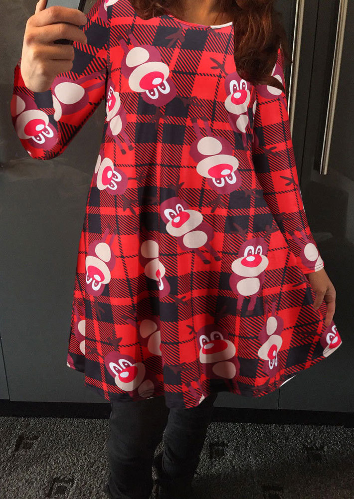 Christmas Red Nose Reindeer Printed Long Sleeve Dress