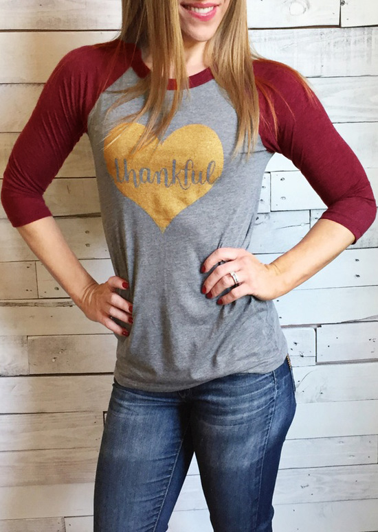 thankful heart printed three quarter sleeve t-shirt - bellelily