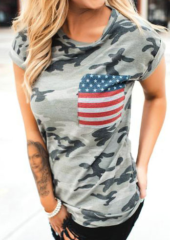 Camouflage Printed American Flag Pocket T-Shirt