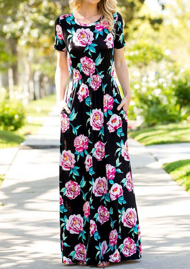 Floral Short Sleeve Maxi Dress without Necklace - Bellelily