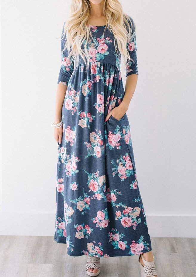 Floral Three Quarter Sleeve Maxi Dress - Bellelily