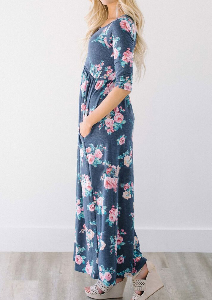 Floral Three Quarter Sleeve Maxi Dress - Bellelily